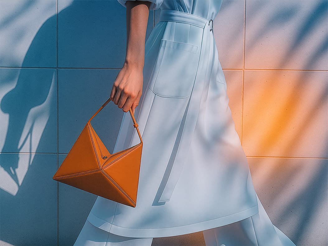 Brand Strategy & Narrative service image showing a woman walking with an elegant orange leather bag in her hand.