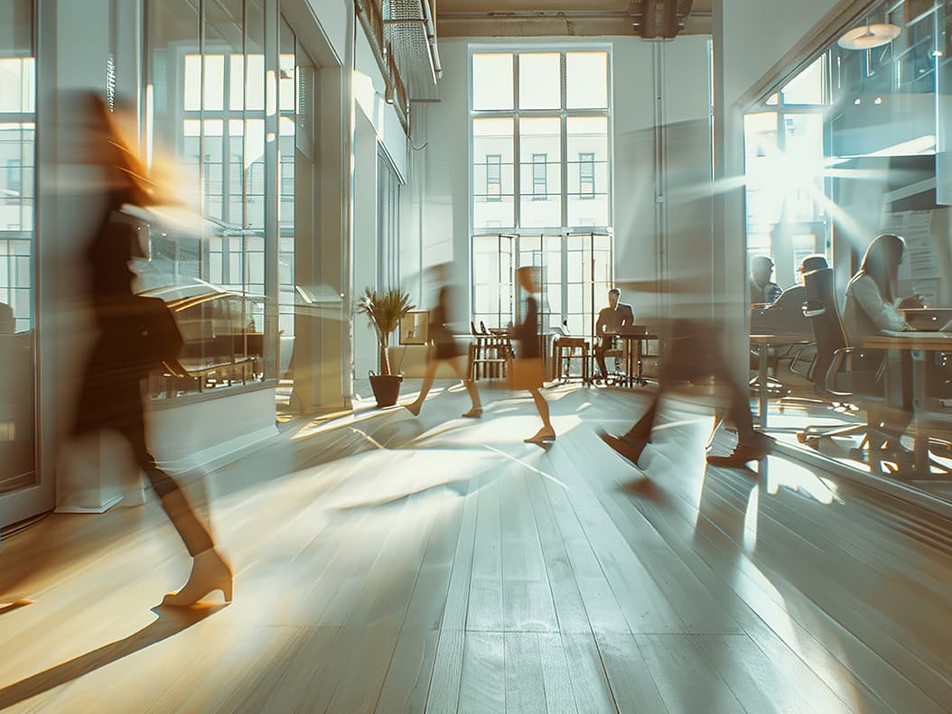 Corporate & Leadership Communication service image showing depiction of a busy office rush hour day.
