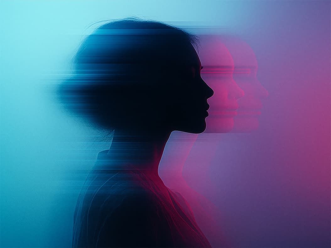 Digital Marketing & Communication service image showing a woman silhouette in RGB color split effect style.
