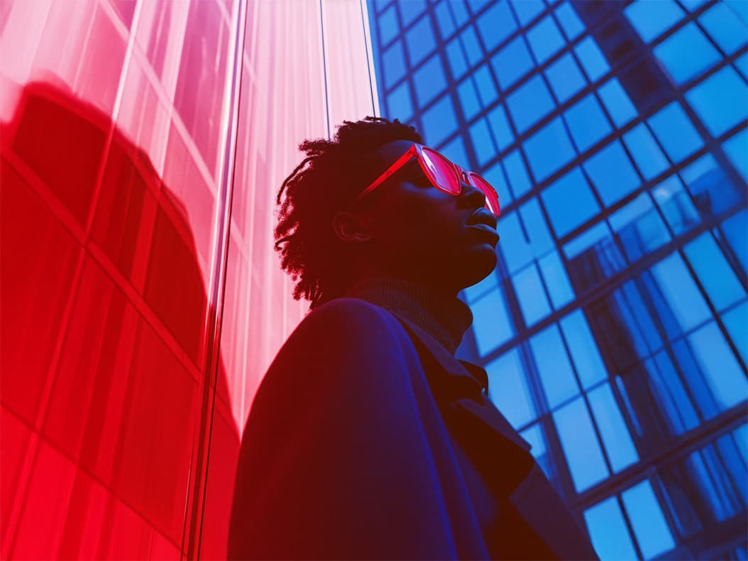 People Attraction & Development service image showing a stylish individual with red sunglasses against a vibrant red and blue urban backdrop, featuring modern architecture.
